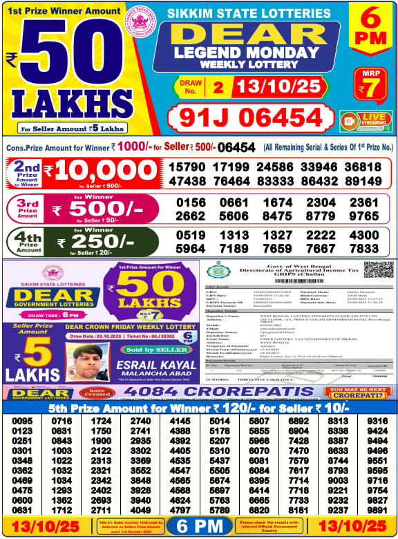 Dear Lottery 6 PM Result